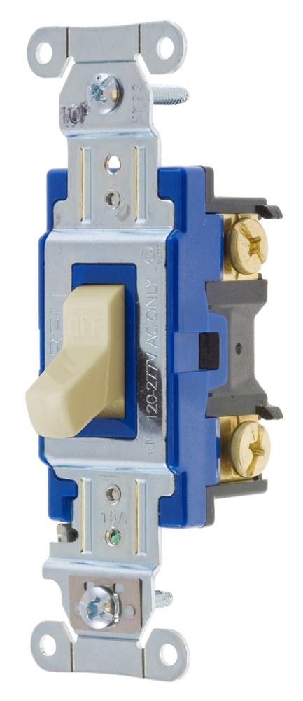 Switches and Lighting Controls, Industrial Grade, Toggle Switches, General Purpose AC, Single Pole, 15A 120/277V AC, Back and Side Wired, Ivory