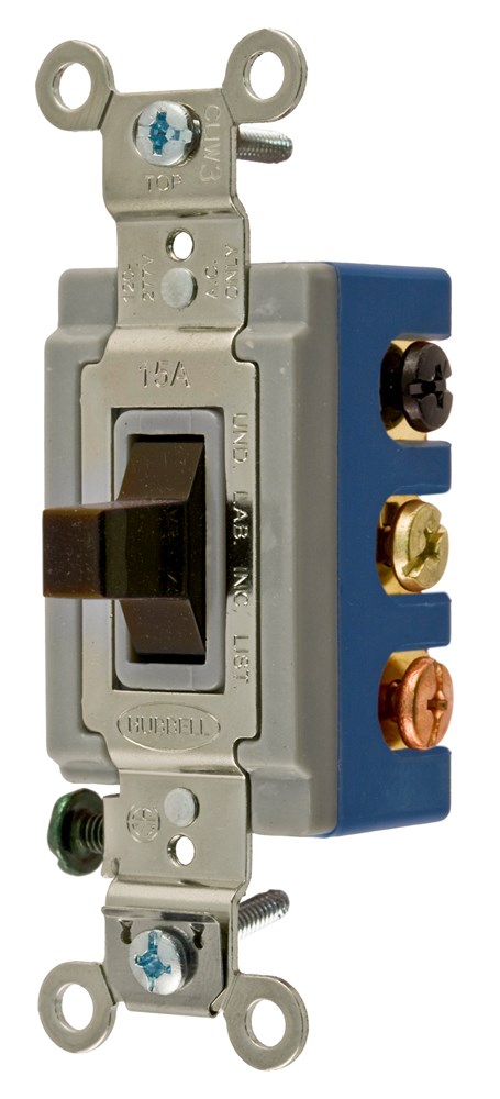 Switches and Lighting Controls, Industrial Grade, Toggle Switches, General Purpose AC, Double Pole-Double Throw Center Off, 15A  120/277V AC, Back and Side Wired, Brown
