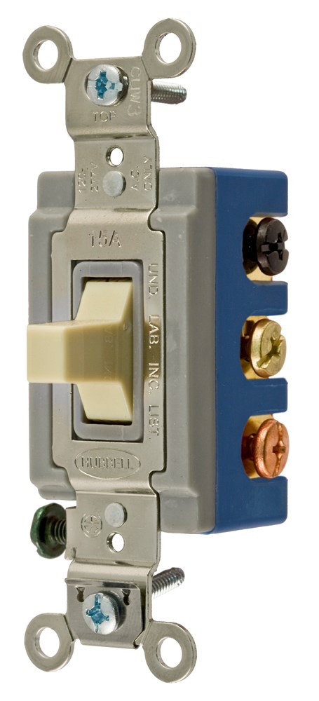 Switches and Lighting Controls, Industrial Grade, Toggle Switches, General Purpose AC, Double Pole-Double Throw Center Off, 15A 120/277V AC, Back and Side Wired, Ivory