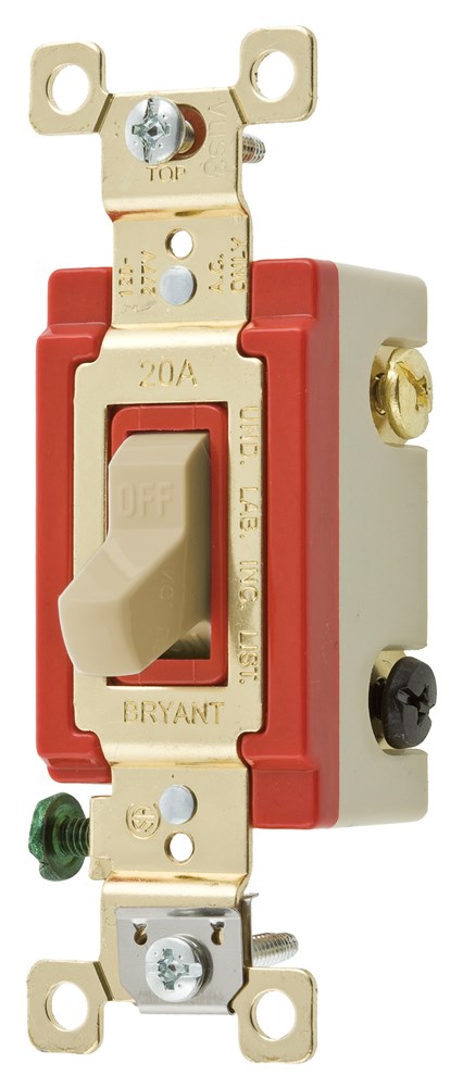 Switches and Lighting Controls, Illuminated Industrial Grade, Toggle Switches, General Purpose AC, Three Way, 20A 120/277V AC, Back and Side Wired, Ivory