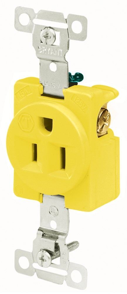Straight Blade Devices, Receptacles, Single, Corrosion Resistant, Commercial/Industrial Grade, 2-Pole 3-Wire Grounding, 15A 125V, 5-15R, Yellow, Single Pack