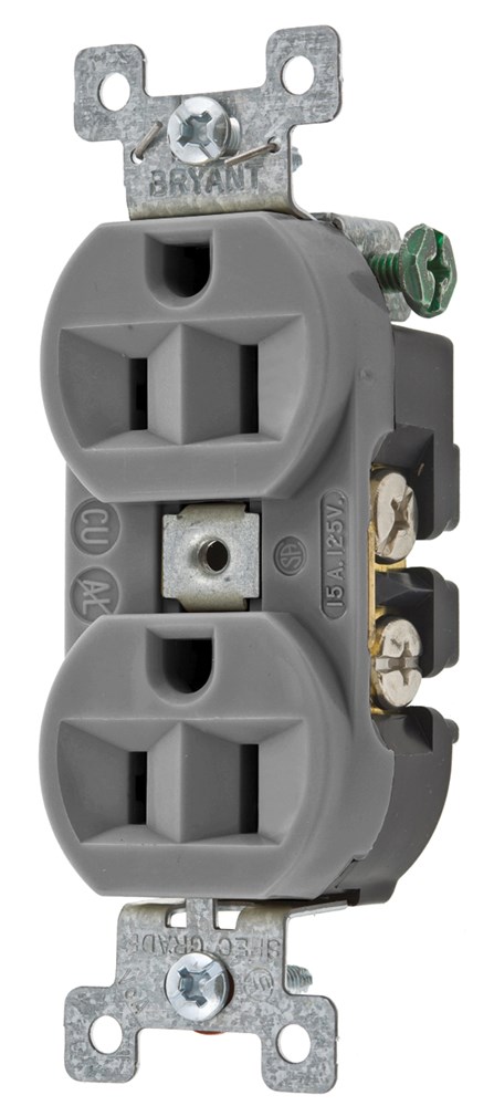 Straight Blade Devices, Receptacles, Duplex, Commercial/Industrial Grade, 2-Pole 3-Wire Grounding, 15A 125V, 5-15R, Gray