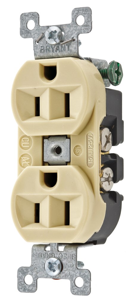 Straight Blade Devices, Receptacles, Duplex, Commercial/Industrial Grade, 2-Pole 3-Wire Grounding, 15A 125V, 5-15R, Ivory