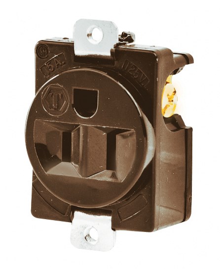 Straight Blade Devices, Receptacles, Panel Mounted Single, Commercial/Industrial Grade, 2-Pole 3-Wire Grounding, 15A 125V, 5-15R, Brown, Single Pack, Nickel Plated