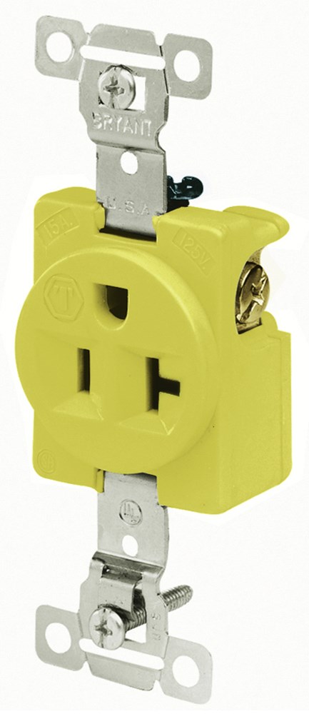 Straight Blade Devices, Receptacles, Single, Corrosion Resistant, Commercial/Industrial Grade, 2-Pole 3-Wire Grounding, 20A 125V, 5-20R, Yellow, Single Pack