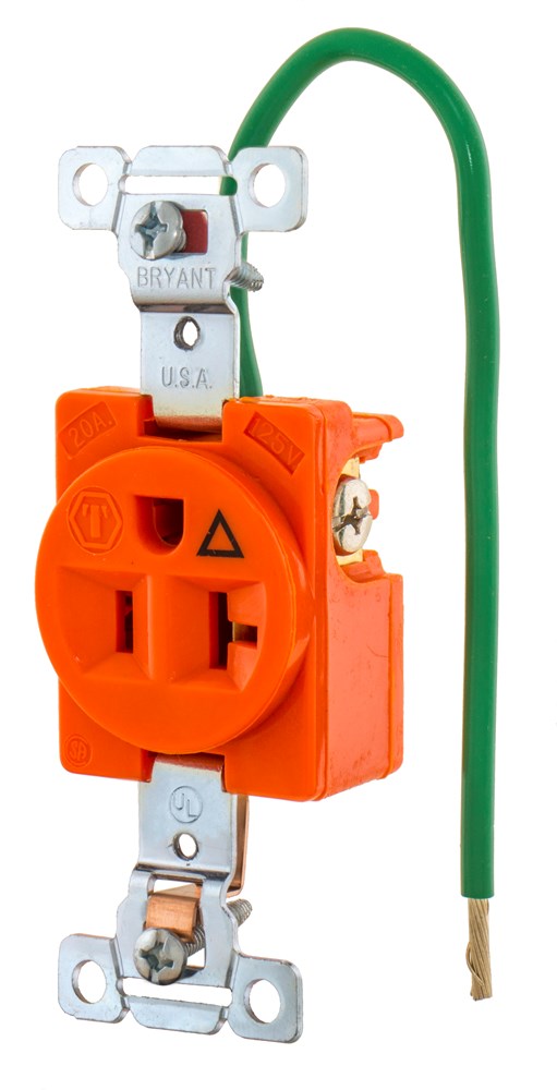 Straight Blade Devices, Receptacles, Single, Commercial/Industrial Grade, 2-Pole 3-Wire Grounding, Isolated Ground, 20A 125V, 5-20R, Orange, Single Pack