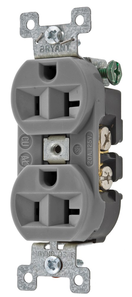 Straight Blade Devices, Receptacles, Duplex, Commercial/Industrial Grade, 2-Pole 3-Wire Grounding, 20A 125V, 5-20R, Gray