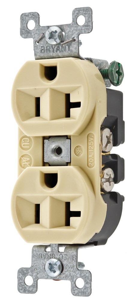 Straight Blade Devices, Receptacles, Duplex, Commercial/Industrial Grade, 2-Pole 3-Wire Grounding, 20A 125V, 5-20R, Ivory