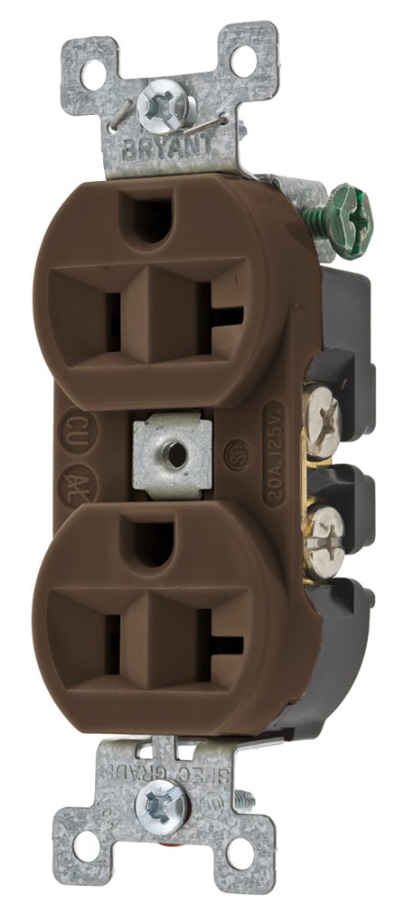 Straight Blade Devices, Receptacles, Duplex, Commercial/Industrial Grade, 2-Pole 3-Wire Grounding, 20A 125V, 5-20R, Brown