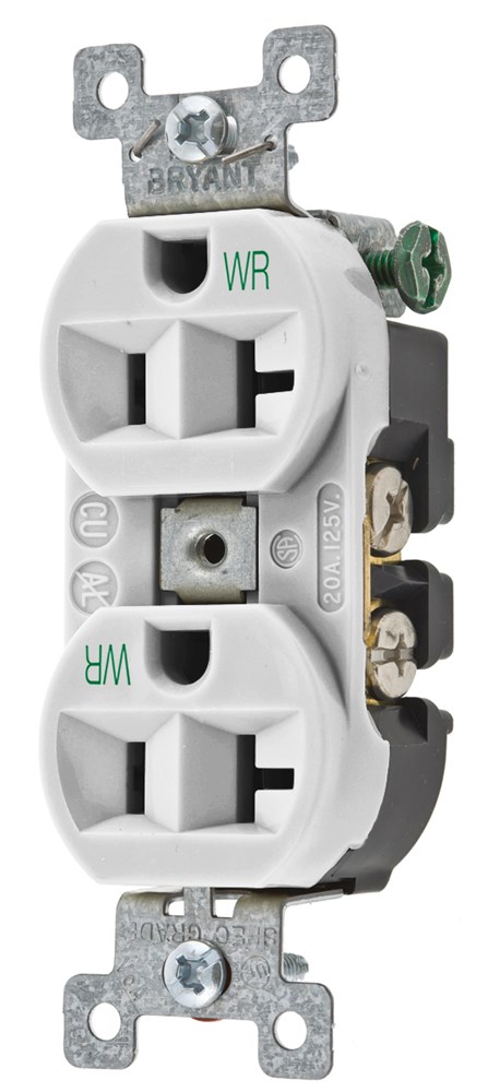 Straight Blade Devices, Weather Resistant Receptacles, Duplex, Commercial/Industrial Grade, 2-Pole 3-Wire Grounding, 15A 125V, 5-15R, White