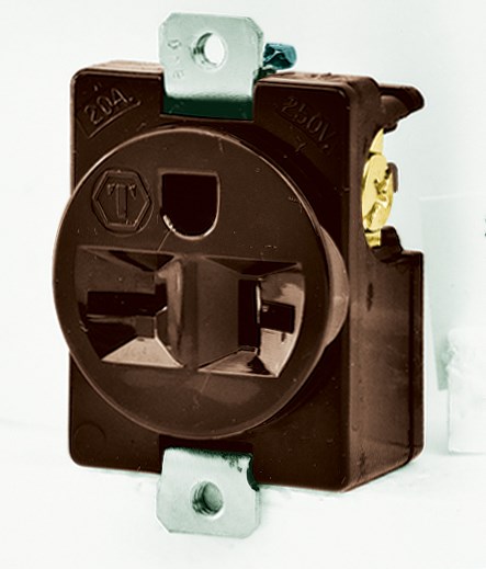 Straight Blade Devices, Receptacles, Panel Mount Single, Commercial/Industrial Grade, 2-Pole 3-Wire Grounding, 20A 125V, 5-20R, Brown, Single Pack