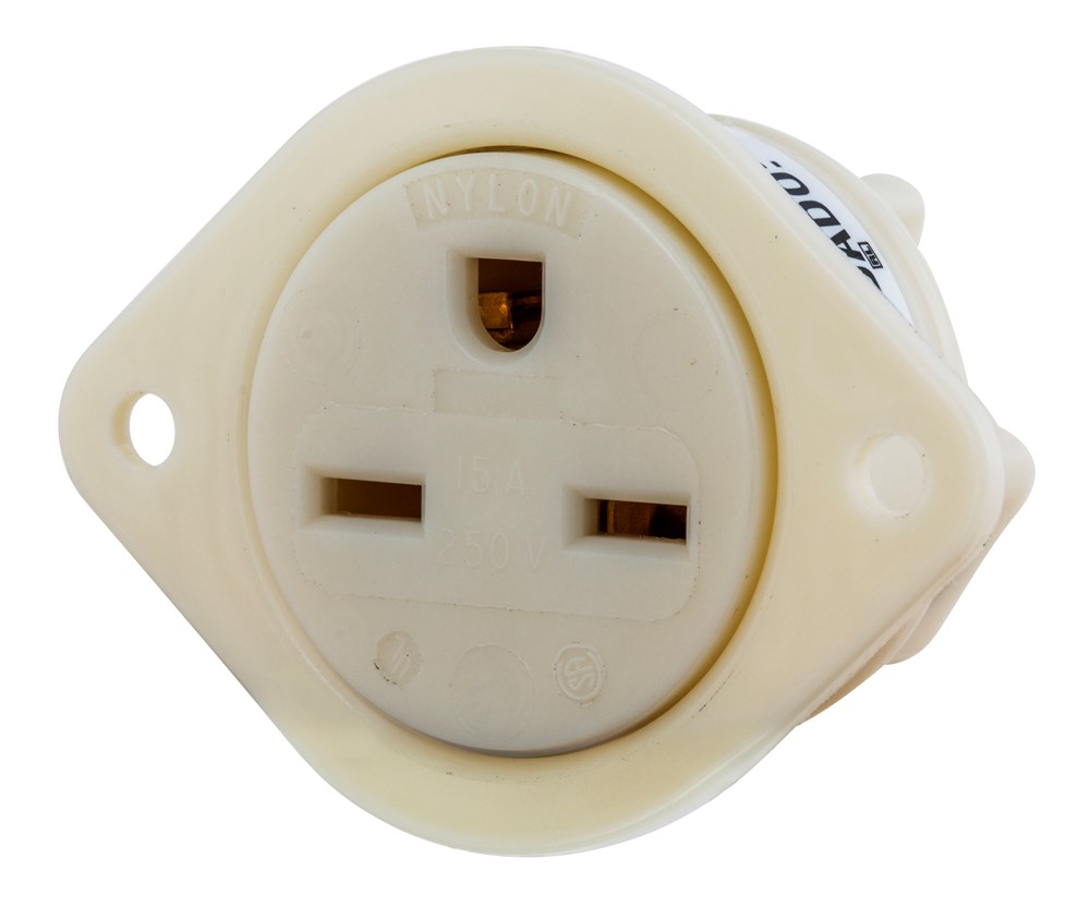 Straight Blade Devices, Female Receptacles, Flanged, Industrial Grade, 15A 250V, 2-Pole 3-Wire Grounding, 6-15P, White, Single Pack