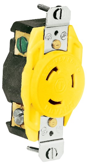 Locking Devices, Marine Grade, Nylon Flush Receptacle, 20A 125V, 2-Pole 3-Wire Grounding, L5-20R, Screw Terminal, Yellow/White, Corrosion Resistant