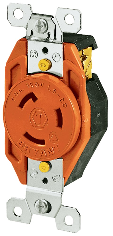 Locking Devices, Isolated Ground, Industrial, Nylon Flush Receptacle, 20A 125V, 2-Pole 3-Wire Grounding, L5-20R, Screw Terminal, Orange