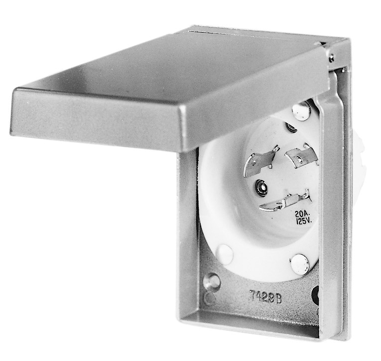 Locking Devices, Industrial, Flanged Inlet, 20A 125V, 2-Pole 3-Wire Grounding, L5-20P, Screw Terminal, White, With Weatherproof Cover