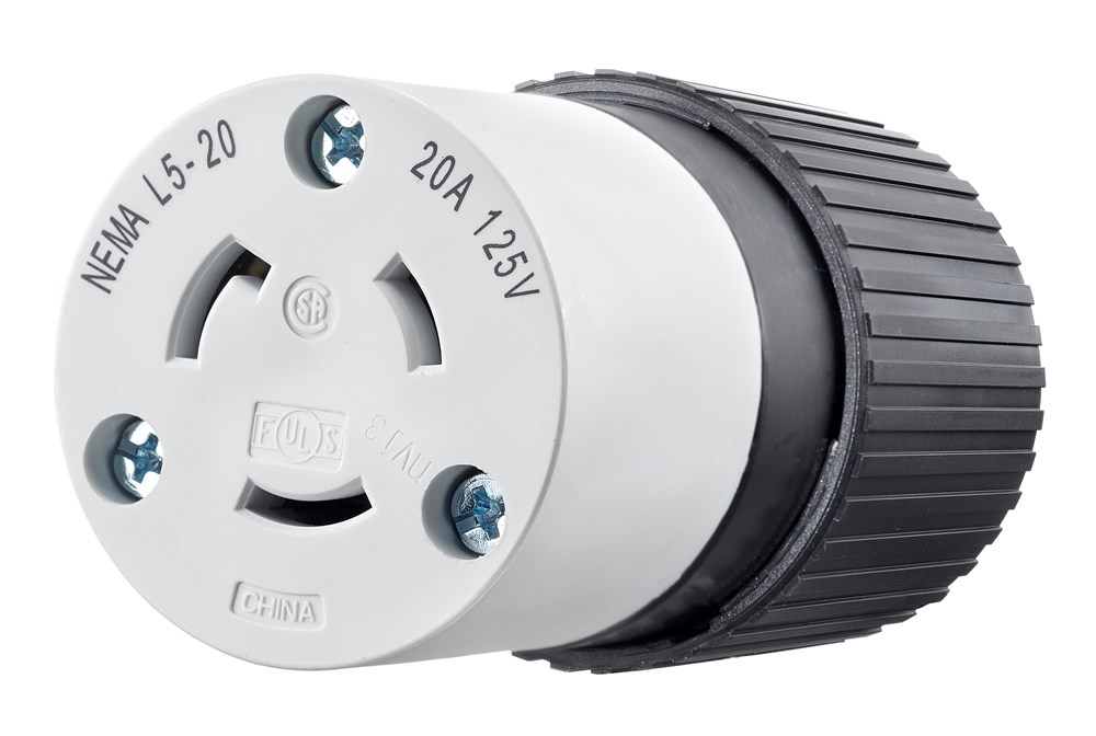 Locking Devices, Industrial, Female Nylon Connector Body, 20A 125V, 2-Pole 3-Wire Grounding, L5-20R, Screw Terminal, Black