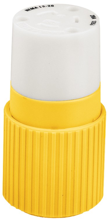 Locking Devices, Marine Grade, Female Nylon Connector Body, 20A 125V, 2-Pole 3-Wire Grounding, L5-20R, Screw Terminal, Yellow/White, Corrosion Resistant