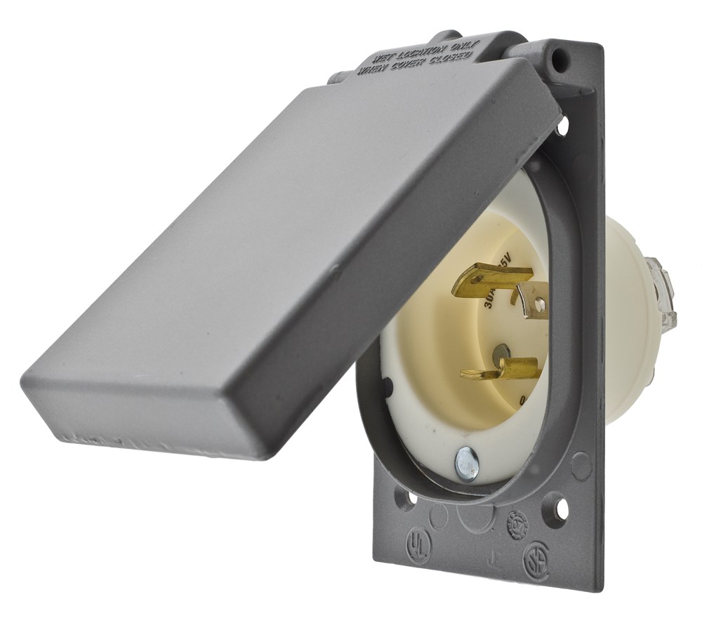 Locking Devices, Industrial, Flanged Inlet, 30A 125V, 2-Pole 3-Wire Grounding, L5-30P, Screw Terminal, White, With Weatherproof Cover