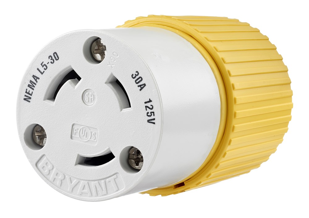 Locking Devices, Marine Grade, Female Connector Body, 30A 125V, 2-Pole 3-Wire Grounding, L5-30R, Screw Terminal, Yellow, Corrosion Resistant
