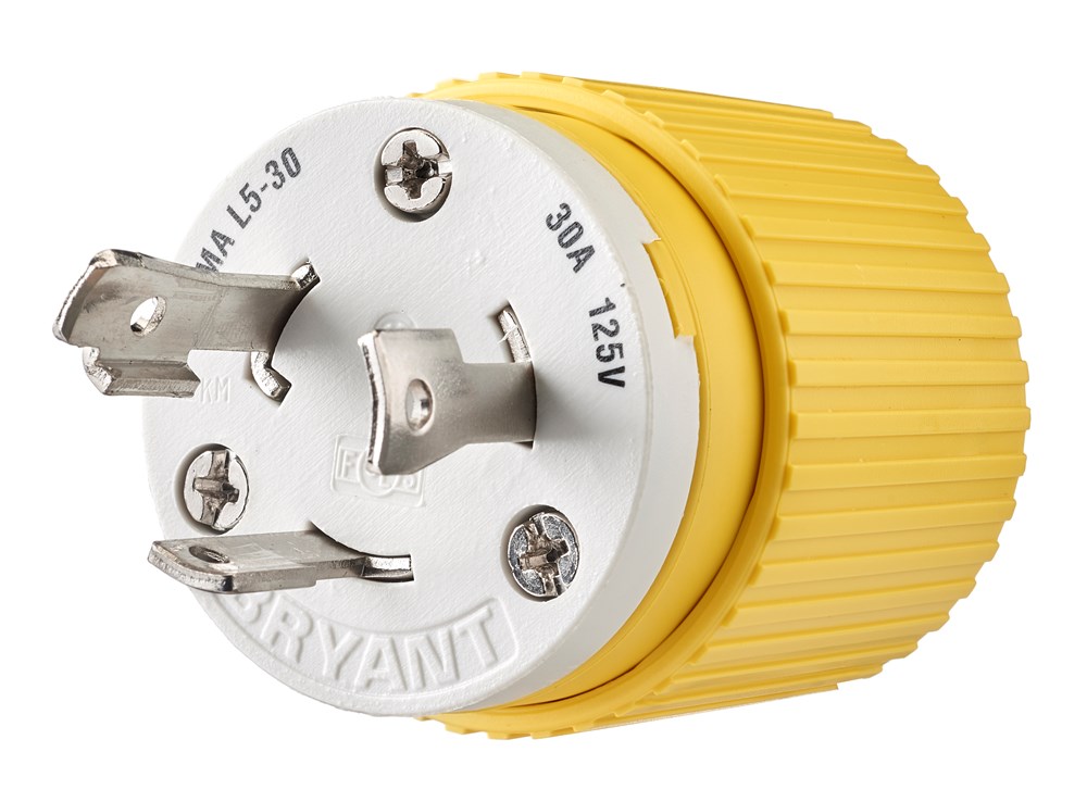 Locking Devices, Marine Grade, Male Plug, 30A 125V, 2-Pole 3-Wire Grounding, L5-30P, Screw Terminal, Yellow, Corrosion Resistant