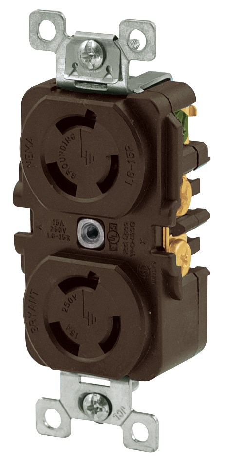 Locking Devices, Industrial, Duplex Receptacle, 15A 250V, 2-Pole 3-Wire Grounding, L6-15R, Screw Terminal, Brown