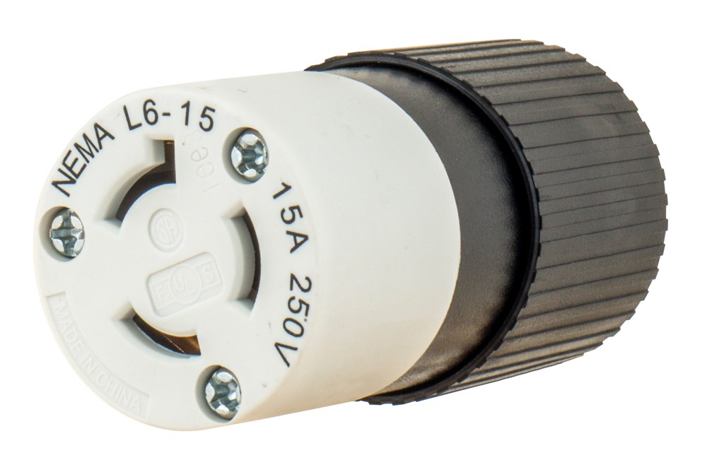 Locking Devices, Industrial, Female Connector Body, 15A 250V, 2-Pole 3-Wire Grounding, L6-15R, Screw Terminal, Black and White