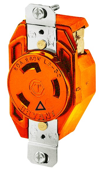 Locking Devices, Isolated Ground, Industrial, Nylon Flush Receptacle, 20A 250V, 2-Pole 3-Wire Grounding, L6-20R, Screw Terminal, Orange