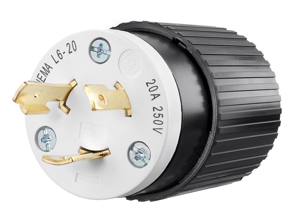 Locking Devices, Industrial, Male Plug, 20A 250V, 2-Pole3-Wire Grounding, L6-20P, Screw Terminal, Black and White
