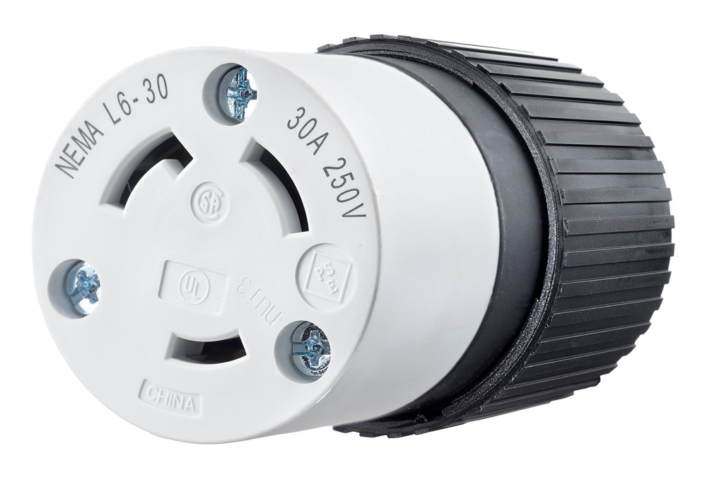 Locking Devices, Industrial, Female Nylon Connector Body, 30A 250V, 2-Pole 3-Wire Grounding, L6-30R, Screw Terminal, Black.