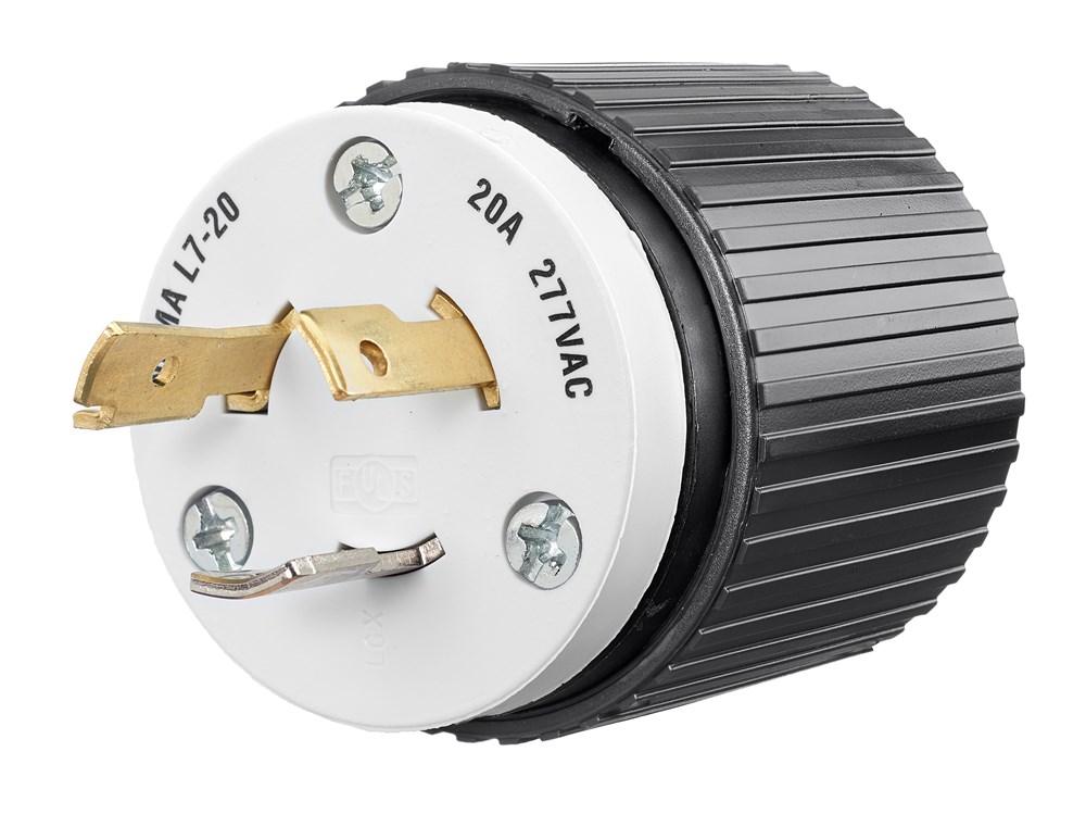 Locking Devices, Industrial, Male Nylon Plug, 20A 277V AC, 2-Pole 3-Wire Grounding, L7-20P, Screw Terminal, Black and White