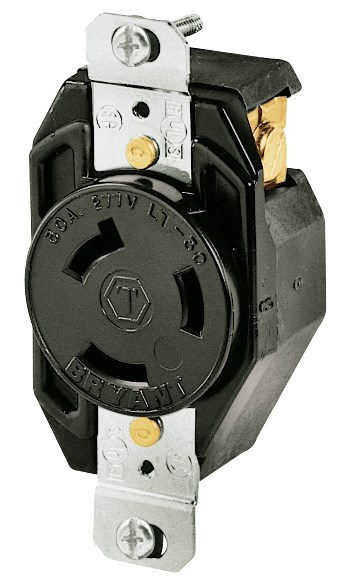 Locking Devices, Industrial, Flush Receptacle, 30A 277V AC, 2-Pole 3-Wire Grounding, L7-30R, Screw Terminal, Black