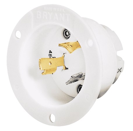 Locking Devices, Industrial, Flanged Inlet, 20A 480V AC, 2-Pole 3-Wire Grounding, L8-20P, Screw Terminal, White