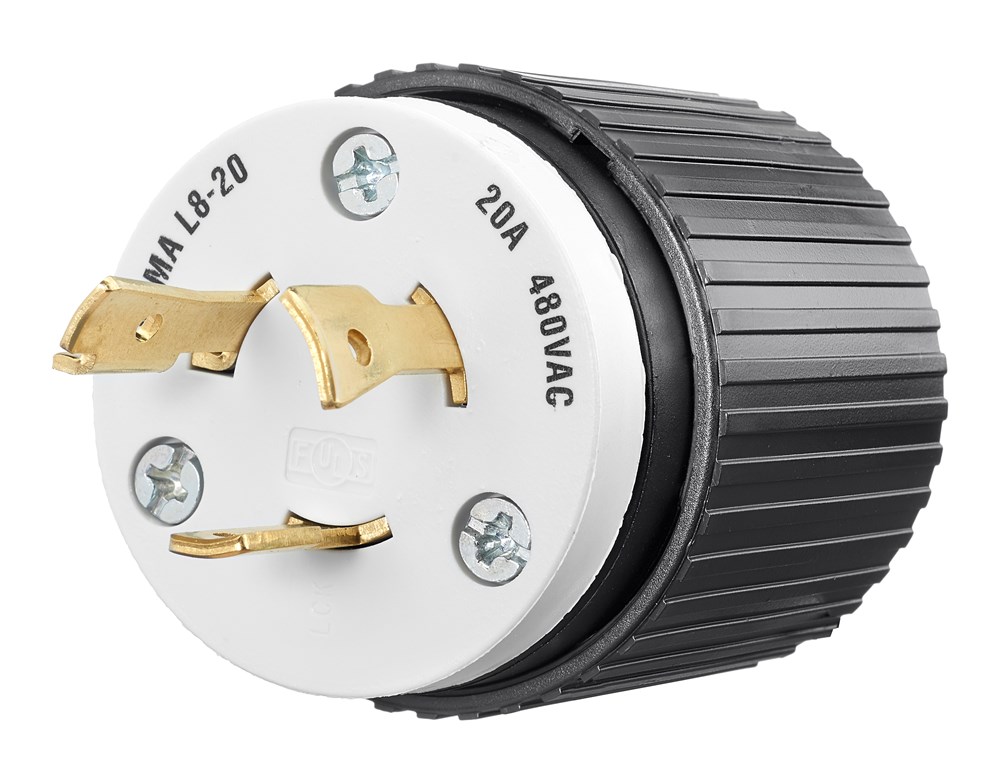 Locking Devices, Industrial, Male Plug, 20A 480V AC, 2-Pole 3-Wire Grounding, L8-20P, Screw Terminal, Black and White
