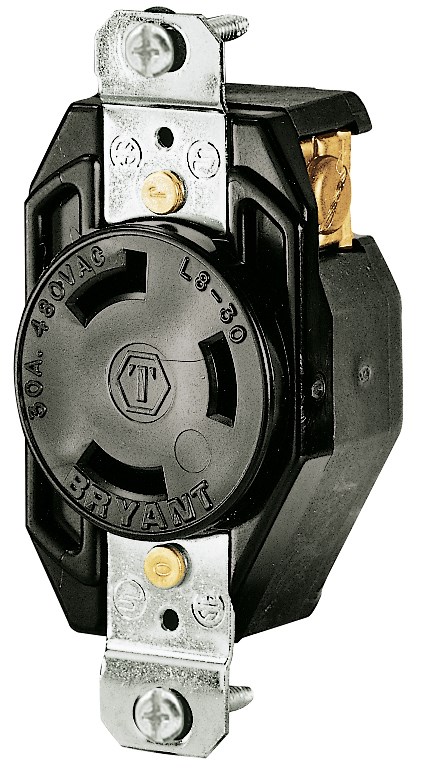 Locking Devices, Industrial, Flush Receptacle, 30A 480V AC, 2-Pole 3-Wire Grounding, L8-30R, Screw Terminal, White