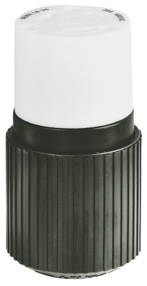 Locking Devices, Industrial, Female Connector Body, 30A 480V AC, 2-Pole 3-Wire Grounding, L8-30R, Screw Terminal, Black and White