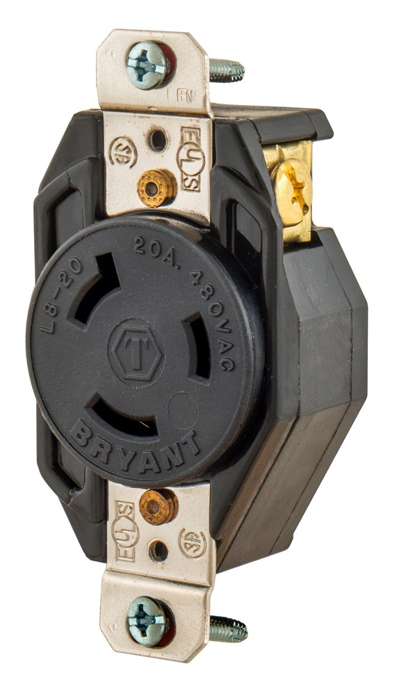 Locking Devices, Industrial, Flush Receptacle, 30A 600V AC, 2-Pole 3-Wire Grounding, L9-30R, Screw Terminal, Black