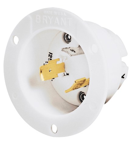 Locking Devices, Industrial, Flanged Inlet, 20A 125/250V, 3-Pole 3-Wire Non-Grounding, L10-20P,  Screw Terminal, White.