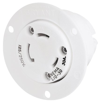 Locking Devices, Industrial, Flanged Receptacle, 30A 125/250V AC, 3-Pole 3-Wire Non-Grounding, L10-30R, Screw Terminal, White.