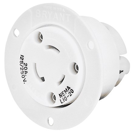 Locking Devices, Industrial, Flanged Receptacle, 20A 3-Phase Delta 250V AC, 3-Pole 3-Wire Non-Grounding, L11-20R, Screw Terminal, White.