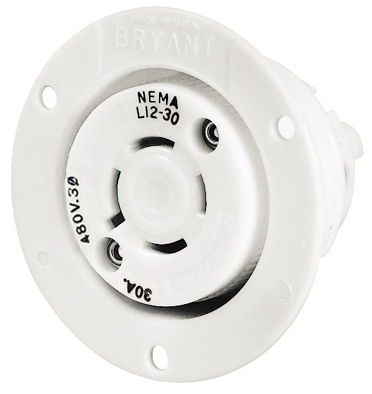 Locking Devices, Industrial, Flanged Receptacle, 30A 3-Phase Delta 480V AC, 3-Pole 3-Wire Non-Grounding, L12-30R, Screw Terminal, White