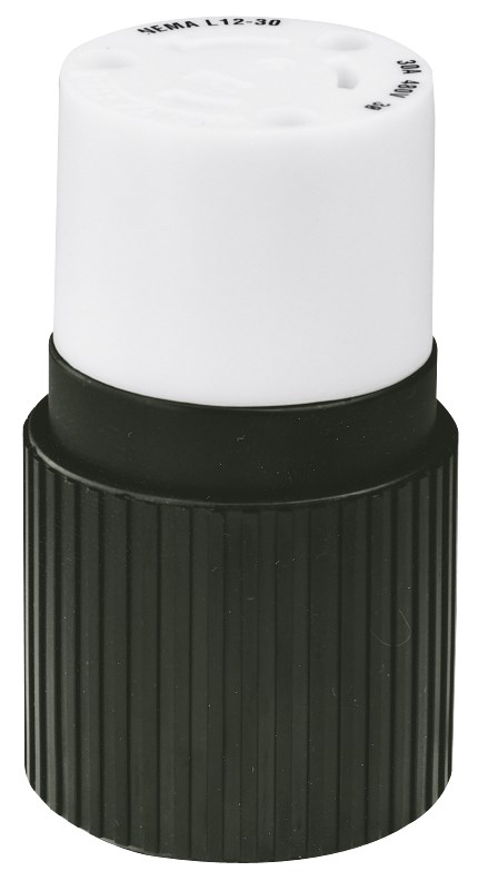 Locking Devices, Industrial, Female Connector Body, 30A 3-Phase Delta 480V AC, 3-Pole 3-Wire Non-Grounding, L12-30R, Screw Terminal, Black and White