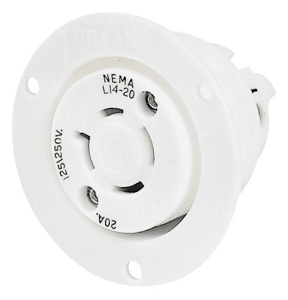 Locking Devices, Industrial, Flanged Receptacle, 20A 125/250V AC, 3-Pole 4-Wire Grounding, L14-20R, Screw Terminal, White