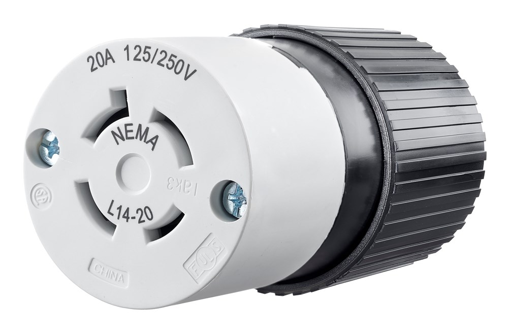 Locking Devices, Industrial, Female Connector Body, 20A 125/250V, 3-Pole 4-Wire Grounding, L14-20R, Screw Terminal, Black and White