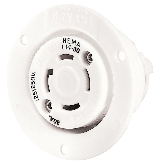 Locking Devices, Industrial, Flanged Receptacle, 30A 125/250V AC, 3-Pole 4-Wire Grounding, L14-30R, Screw Terminal, White.