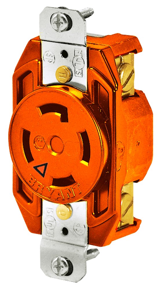 Locking Devices, Isolated Ground, Industrial, Flush Receptacle, 30A 125/250V AC, 3-Pole 4-Wire Grounding, L14-30R, Screw Terminal, Orange.