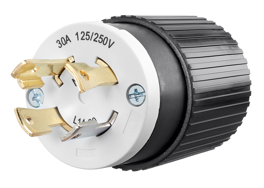 Locking Devices, Industrial, Male Plug, 30A 125/250V, 3-Pole 4-Wire Grounding, L14-30P, Screw Terminal, Black and White