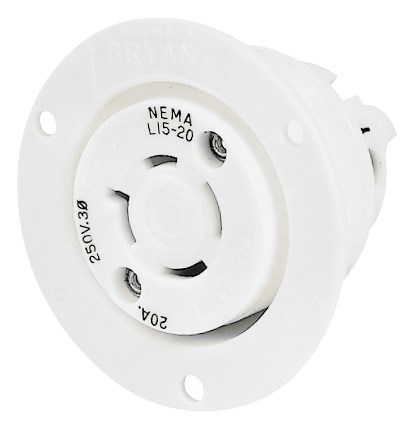 Locking Devices, Industrial, Flanged Receptacle, 20A 3-Phase Delta 250V AC, 3-Pole 4-Wire Grounding, L15-20R, Screw Terminal, White