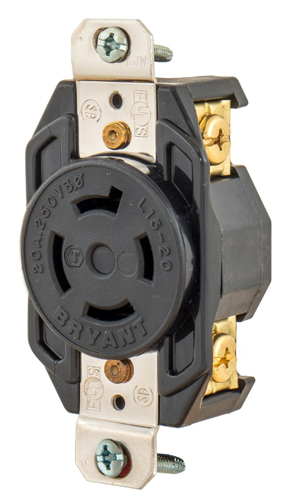 Locking Devices, Industrial, Flush Nylon Receptacle, 20A 3-Phase Delta 250V AC, 3-Pole 4-Wire Grounding, L15-20R, Screw Terminal, Black/White