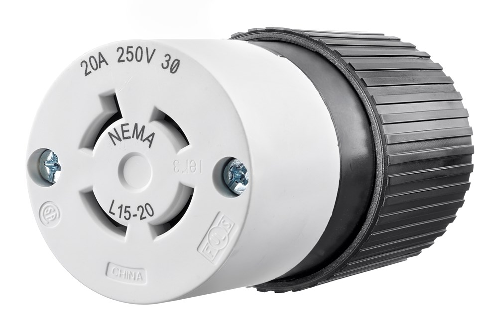 Locking Devices, Industrial, Female Connector Body, 20A 3-Phase Delta 250V AC, 3-Pole 4-Wire Grounding, L15-20R, Screw Terminal, Black and White
