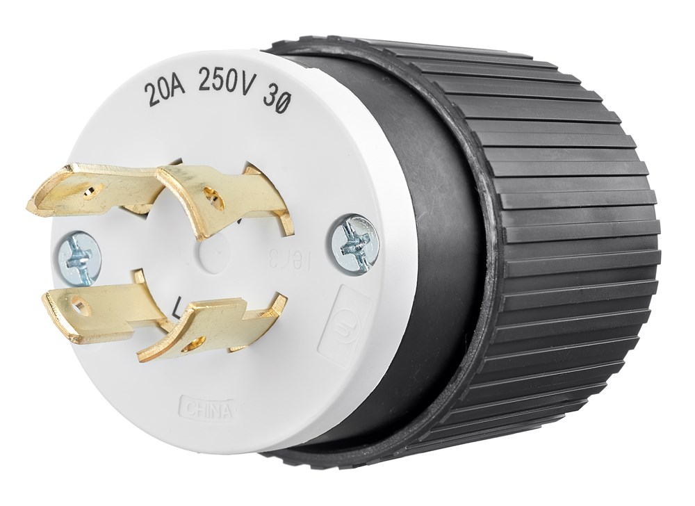 Locking Devices, Industrial, Male Plug, 20A 3- Phase Delta 250V AC, 3-Pole 4-Wire Grounding, L15-20P, Screw Terminal, Black and White